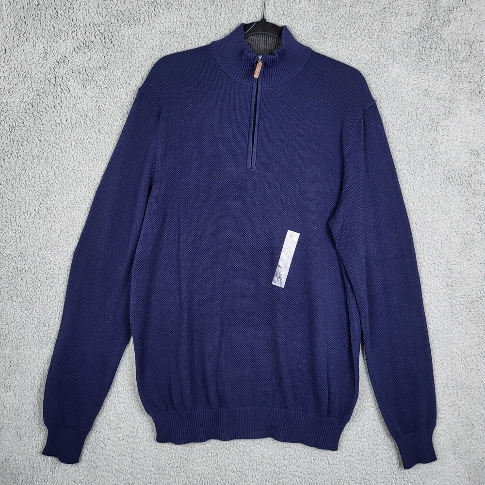 Club Room Men's Navy Blue 1/4 Zipper Long sleeve Solid Cotton Sweater Size L NEW